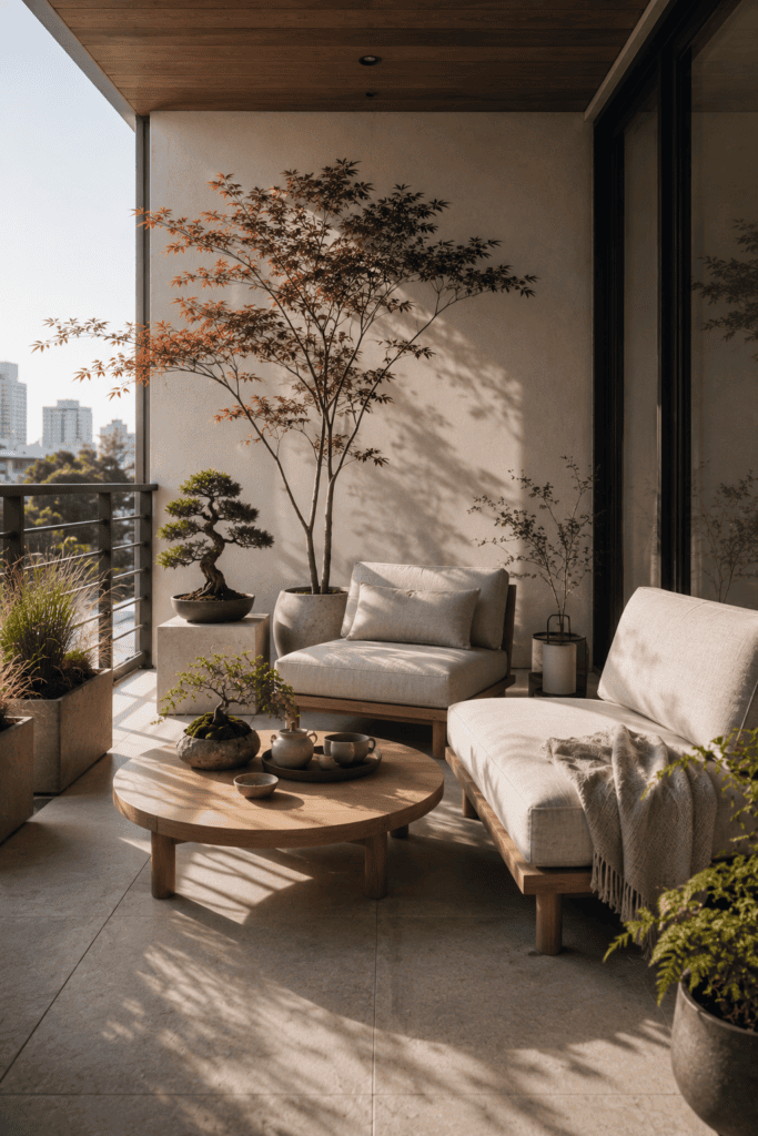 Minimalist Japandi balcony with light oak furniture, natural stone, bonsai trees, and peaceful outdoor styling.