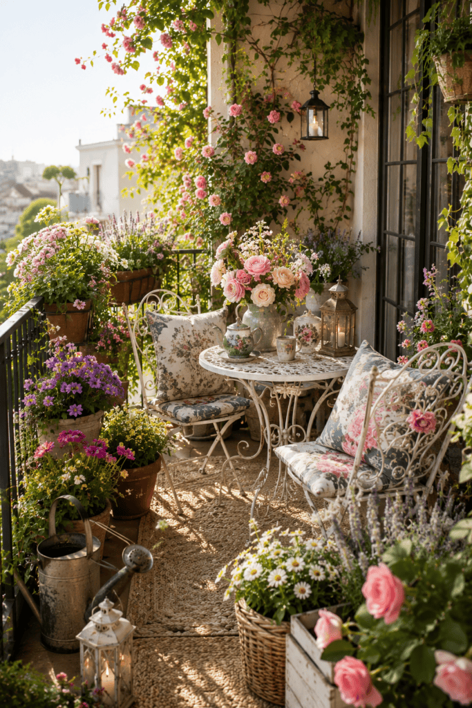 Romantic cottage garden balcony with blooming flowers, vintage bistro furniture, and colorful seasonal planters.