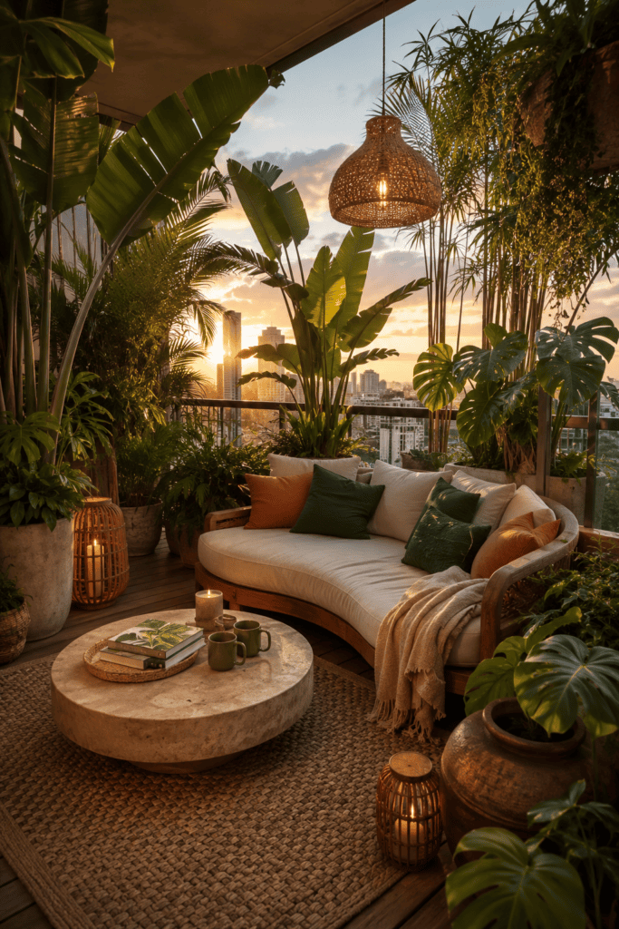 Luxury tropical apartment balcony with lush palms, teak furniture, layered greenery, and a relaxing resort-inspired atmosphere.