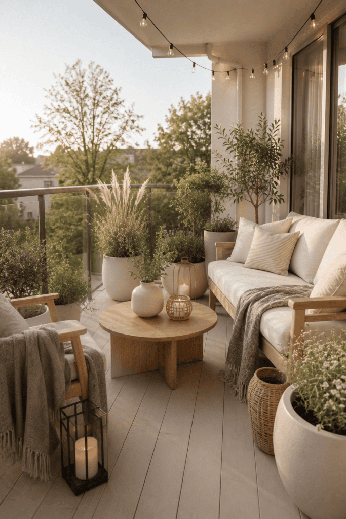 Scandinavian apartment balcony with light wood furniture, soft neutral textiles, simple planters, and cozy Nordic outdoor styling.