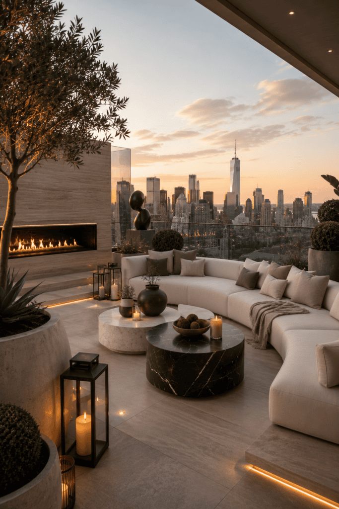 Luxury contemporary penthouse balcony with sculptural outdoor furniture, travertine finishes, architectural lighting, and panoramic city skyline views.