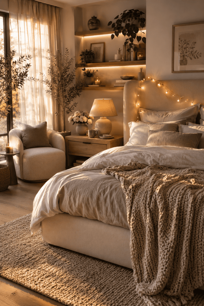 Luxury aesthetic bedroom with layered neutral bedding, fairy lights, oak furniture, cozy textures, and warm natural lighting.