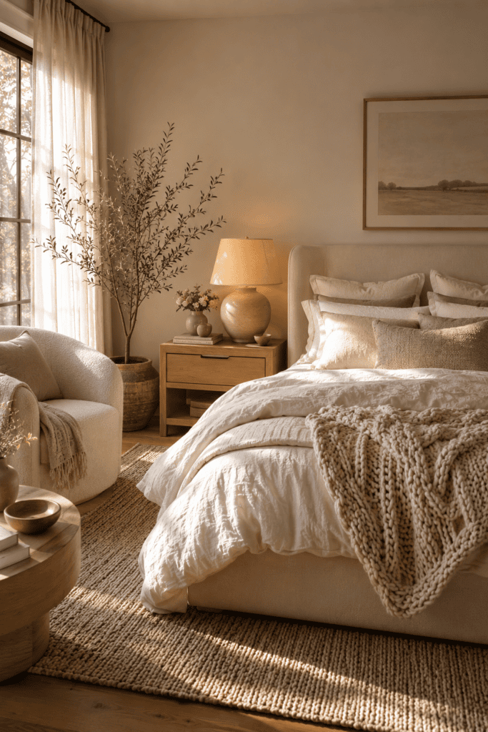 Soft neutral aesthetic bedroom with layered linen bedding, oak furniture, cozy textures, and warm natural light.