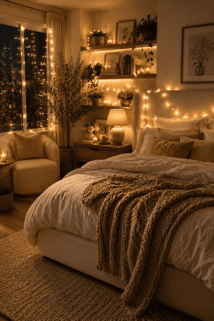Cozy aesthetic bedroom with warm fairy lights, layered bedding, candles, and soft neutral decor.