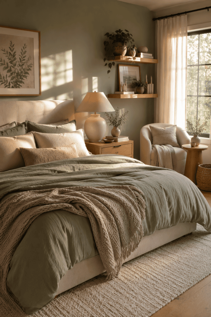 Modern sage green aesthetic bedroom with natural oak furniture, botanical decor, and cozy layered bedding.