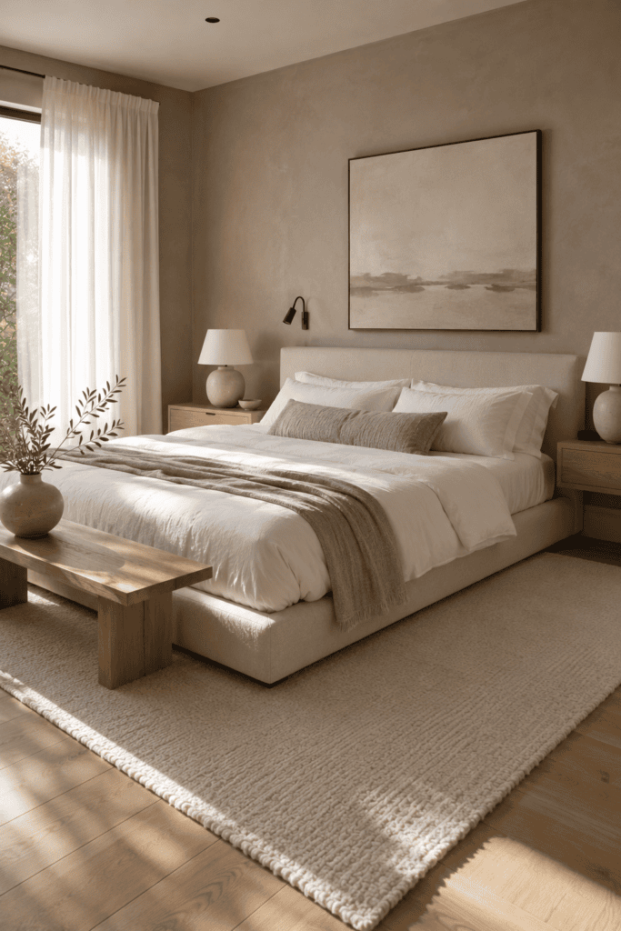 Modern minimalist bedroom with a low platform bed, limewash wall, floating oak nightstands, and clean contemporary styling.