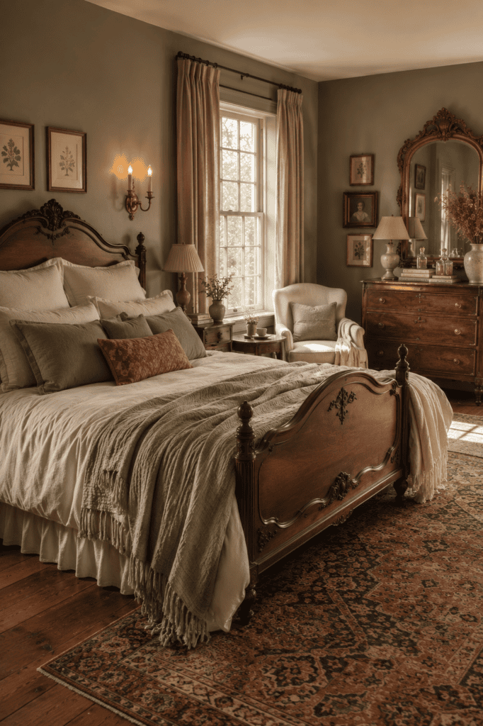 Vintage-inspired bedroom with antique walnut furniture, Persian rug, brass lighting, and elegant timeless decor.