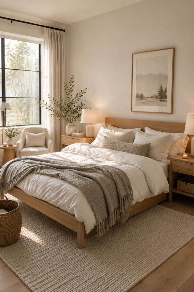 Cozy Scandinavian bedroom with light oak furniture, soft neutral bedding, minimalist decor, and warm natural light.