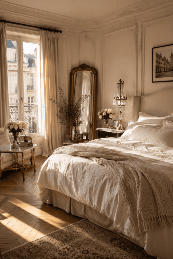 Elegant Parisian bedroom with decorative molding, crystal lamps, upholstered bed, and timeless French-inspired styling.