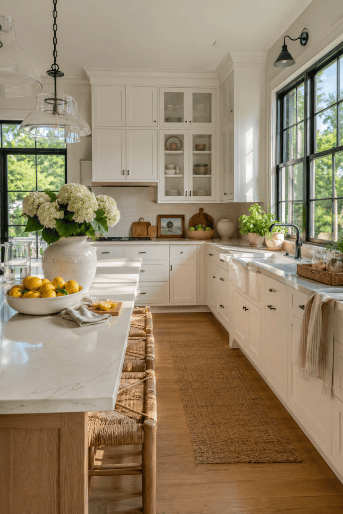 Bright summer kitchen with white cabinets, natural wood accents, fresh flowers, and abundant sunlight