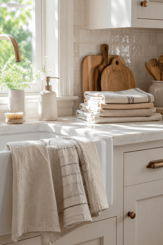 Summer kitchen with light linen towels, fresh flowers, and soft natural textures