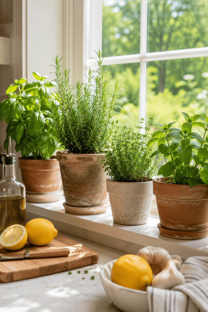 Fresh herb garden on a sunny kitchen windowsill with basil, rosemary, thyme, and terracotta pots