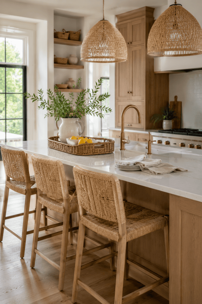 Summer kitchen with woven bar stools, rattan lighting, and natural textured decor