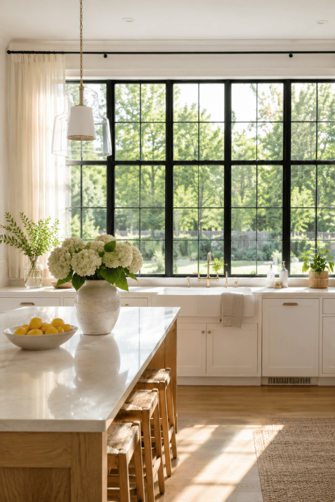 Bright American summer kitchen filled with natural sunlight, white cabinetry, and fresh seasonal decor