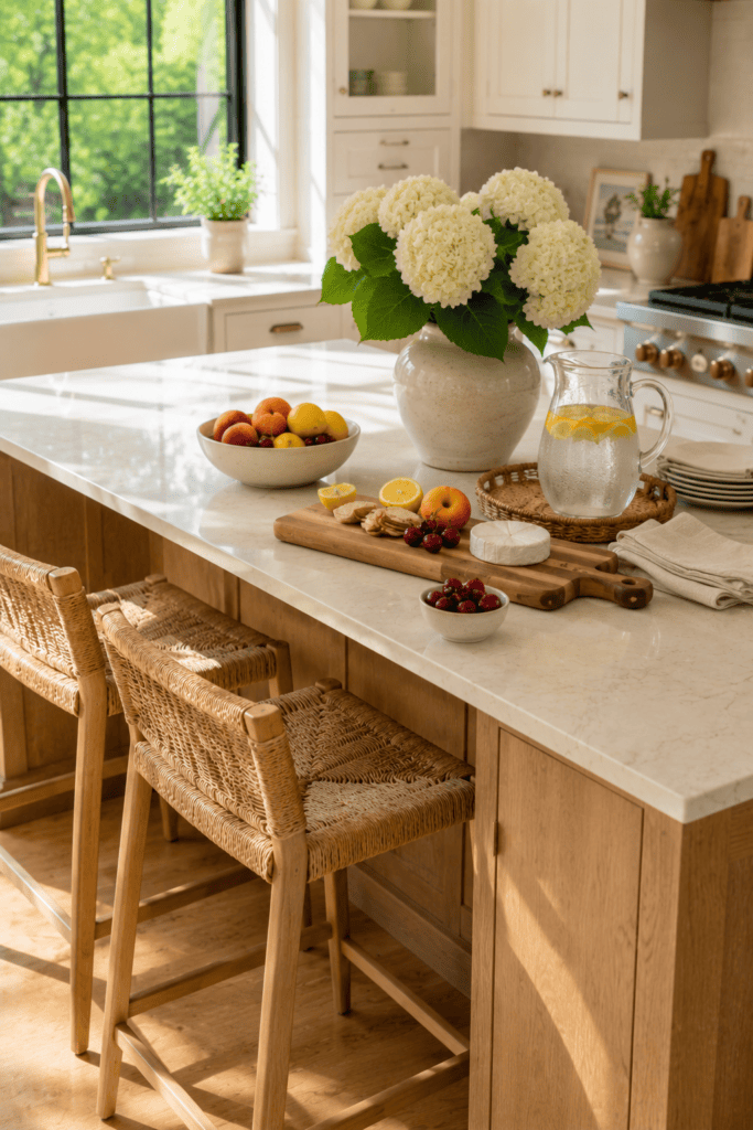 Summer kitchen island styled with fresh fruit, linen accents, and elegant entertaining decor in a bright American home