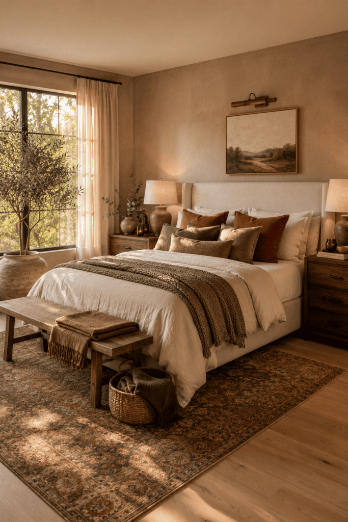Cozy autumn bedroom with layered linen bedding, walnut furniture, vintage rug, ceramic decor, olive tree, and warm golden-hour sunlight creating an elegant relaxing retreat.