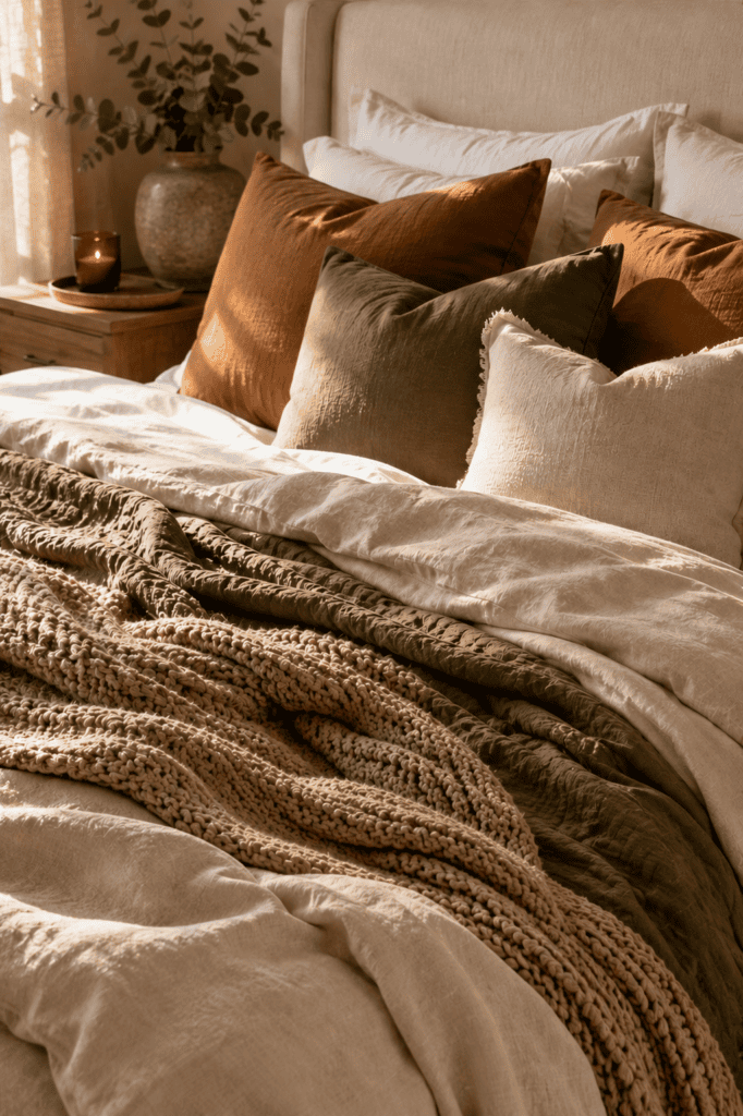 Layered autumn bedding with linen duvet, chunky knit throw, textured pillows, ceramic coffee mug, and warm morning sunlight.