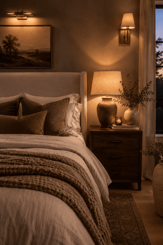 Warm bedroom with ceramic lamps, candlelight, layered linen bedding, walnut furniture, and cozy evening lighting.