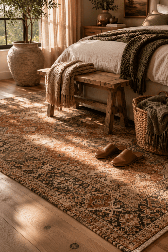 Vintage-inspired Persian rug beneath a linen bed with an oak bench, woven basket, cozy knit throw, and warm autumn morning sunlight.