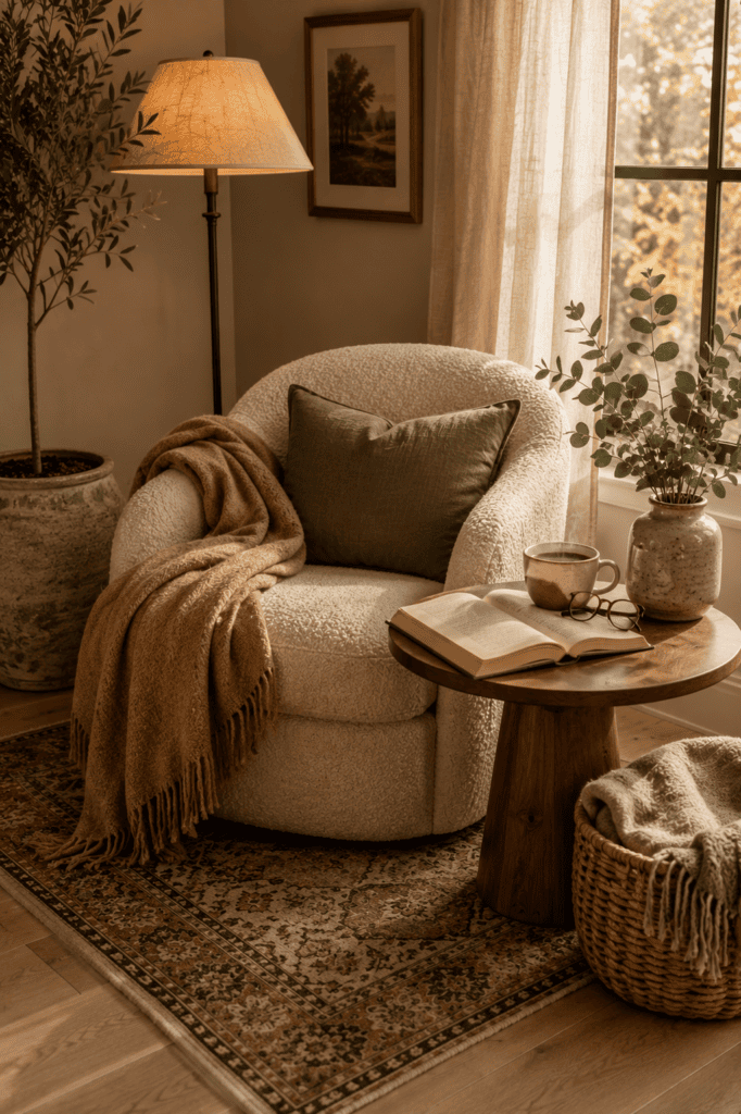 Cozy bedroom reading nook with a boucle chair, walnut side table, ceramic coffee mug, wool throw, floor lamp, and soft afternoon sunlight.