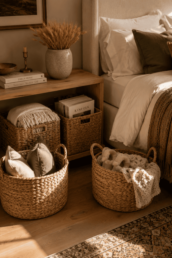Handwoven storage baskets beside a linen bed filled with cozy blankets, pillows, magazines, and autumn bedroom essentials.