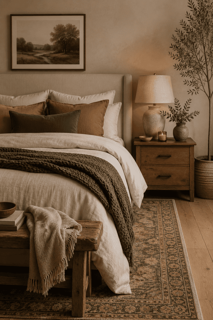 A cozy autumn bedroom featuring warm walnut furniture, layered linen bedding, natural wood accents, handcrafted ceramics, soft ambient lighting, and rich earthy textures that create a timeless and inviting retreat.