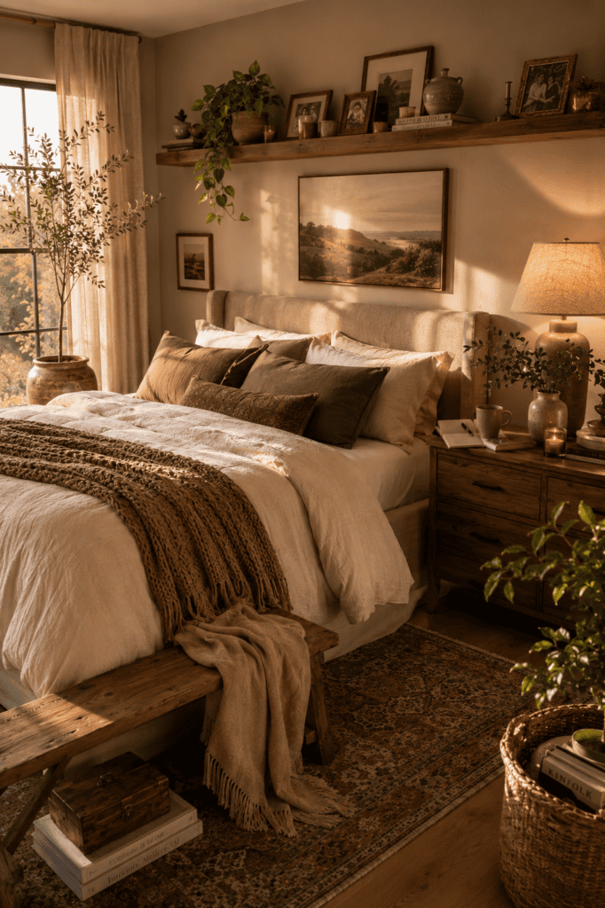 Personalized autumn bedroom with layered linen bedding, meaningful décor, framed artwork, books, handmade pottery, and warm golden-hour light creating a cozy retreat.