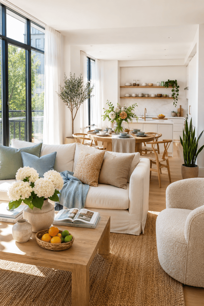 Bright summer apartment with white walls, linen sofa, oak furniture, lush indoor plants, fresh flowers, and natural sunlight creating an airy modern home.