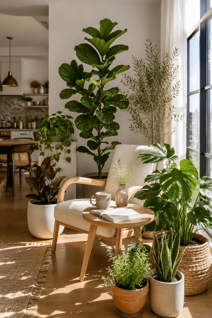 Bright apartment corner filled with lush indoor plants, linen chair, oak side table, white walls, and beautiful summer sunlight.