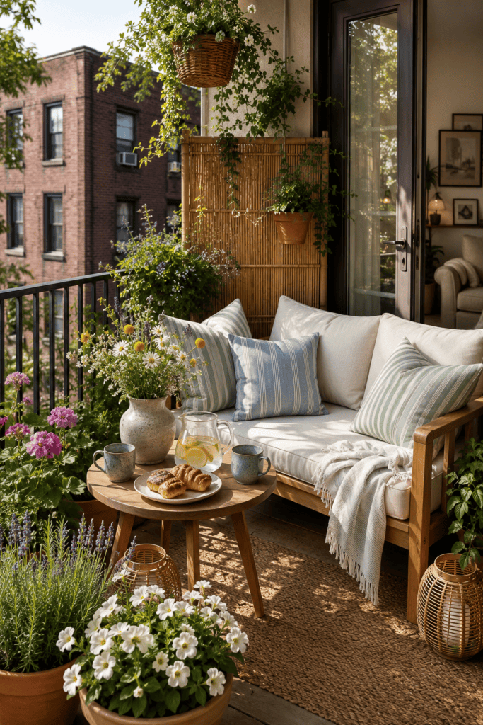 Cozy summer apartment balcony with teak seating, blooming flowers, woven textures, and warm morning sunlight.