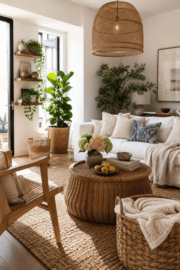 Modern apartment living room featuring woven baskets, jute rug, rattan furniture, indoor plants, and soft summer sunlight.