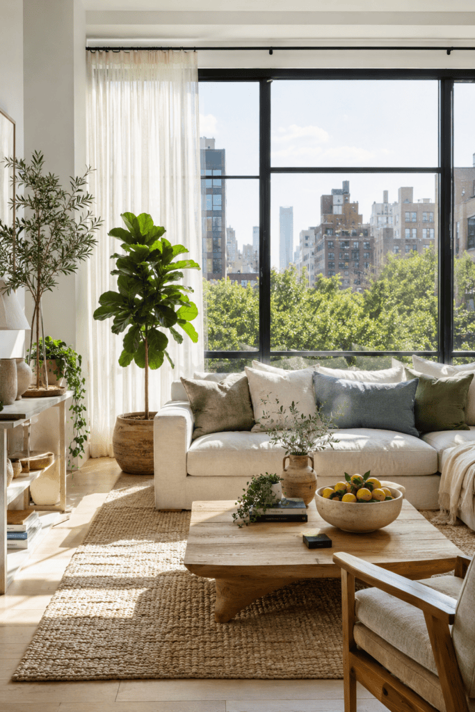Bright summer apartment with floor-to-ceiling windows, white linen curtains, oak furniture, indoor plants, and beautiful natural sunlight.