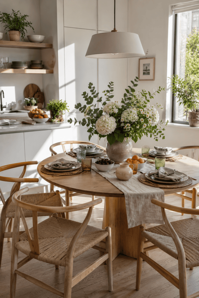 Fresh summer apartment dining area with oak table, ceramic dinnerware, hydrangeas, linen runner, and bright natural sunlight.