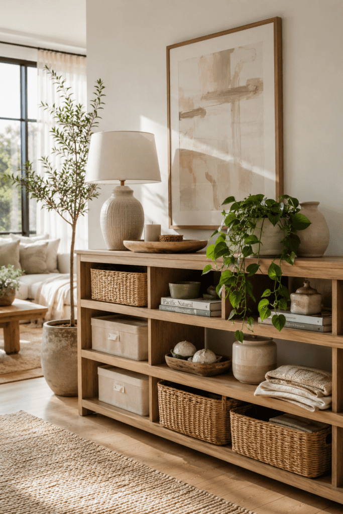 Beautiful apartment storage with woven baskets, oak shelving, ceramic décor, indoor plants, and bright summer daylight.