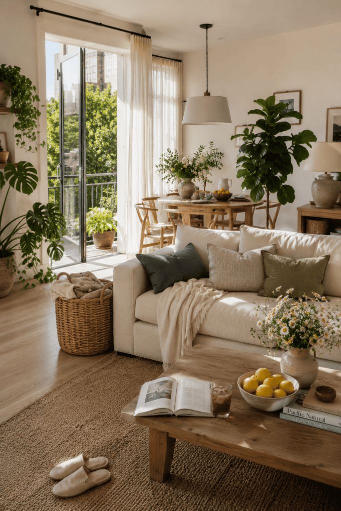 A bright summer apartment with an open balcony, linen sofa, indoor plants, fresh flowers, iced coffee, and natural sunlight creating a relaxed lived-in atmosphere.