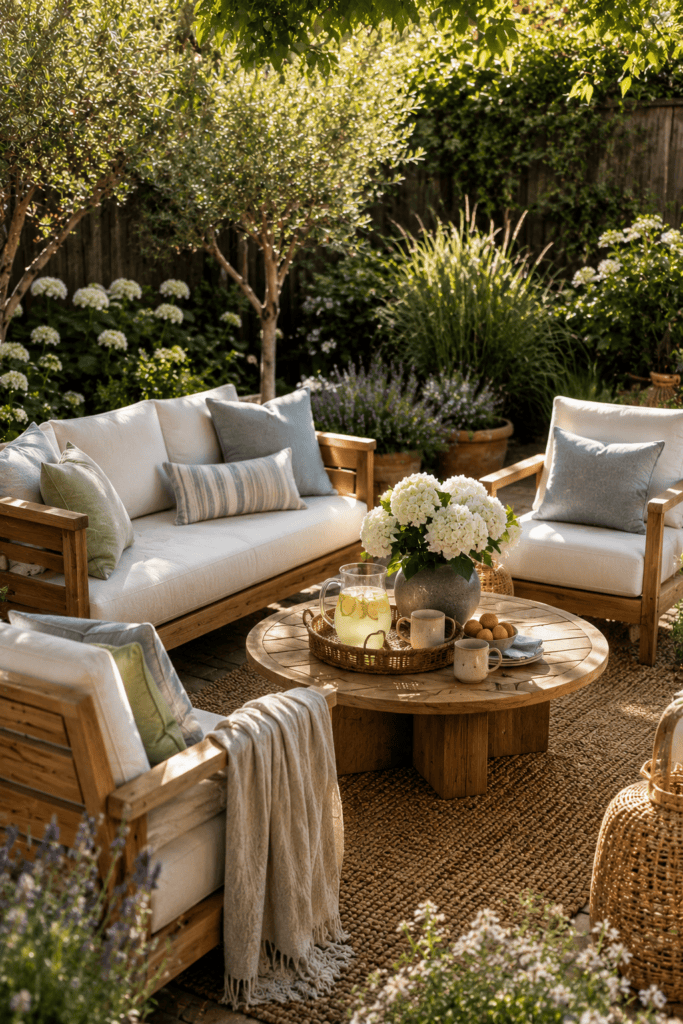 Teak outdoor furniture with linen cushions, ceramic décor, flowering plants, and natural summer sunlight in a cozy backyard.