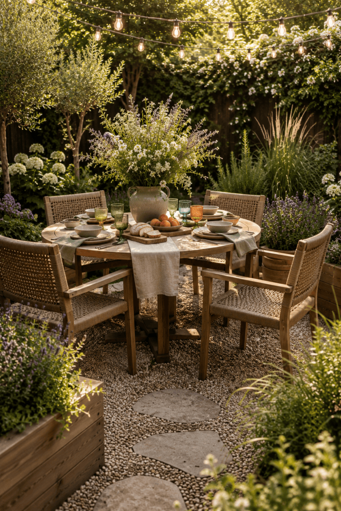 A cozy backyard dining area with a teak table, ceramic dinnerware, wildflowers, and lush summer landscaping.