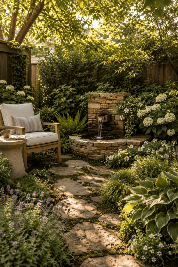 Small backyard with a natural stone fountain, lush greenery, teak lounge chair, and warm summer sunlight creating a peaceful garden retreat.