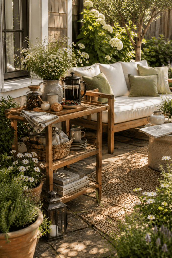 Outdoor coffee station with a cedar cart, ceramic mugs, fresh pastries, wildflowers, and cozy backyard seating in the summer sunshine.