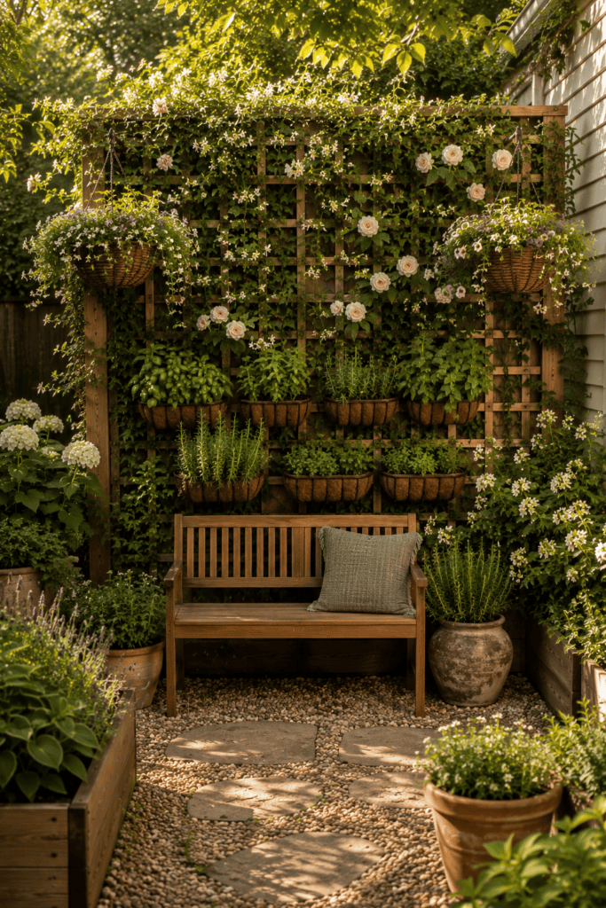 Vertical garden with cedar trellis, climbing jasmine, herbs, hanging flowers, and a cozy teak bench in a small backyard.