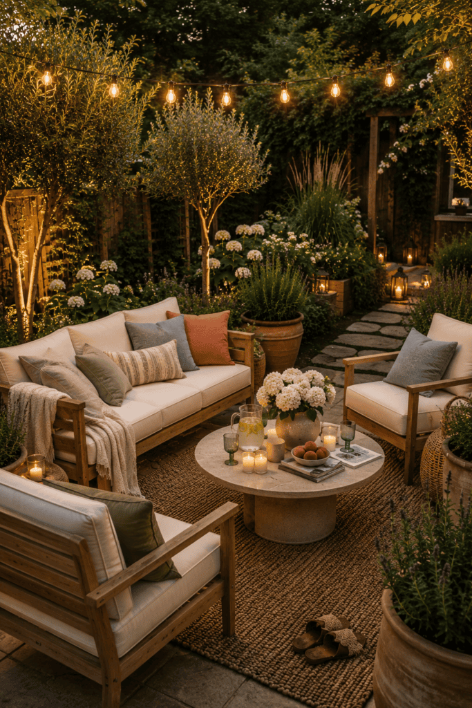 A cozy summer backyard designed like an outdoor living room with teak seating, lush greenery, café lights, and warm evening sunshine.