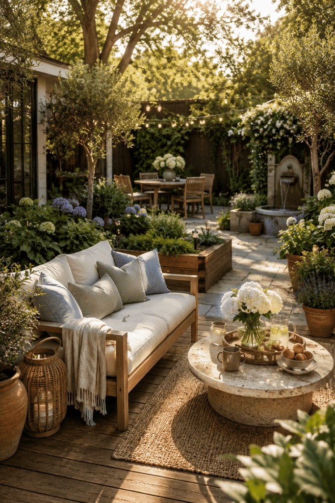 A lush summer small backyard with teak seating, cedar garden beds, flowering plants, outdoor dining, and warm golden-hour sunlight.