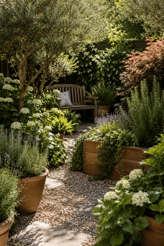 Layered greenery in a small backyard featuring hydrangeas, olive trees, ornamental grasses, cedar beds, and warm summer sunlight.