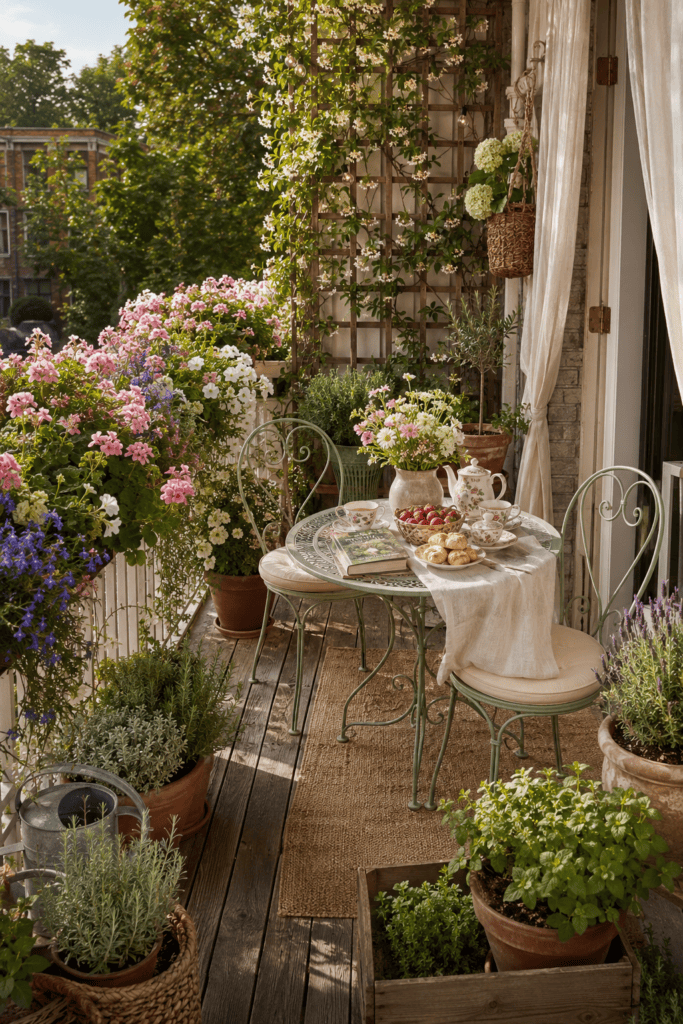 A charming cottage balcony with blooming flowers, a vintage bistro set, terracotta planters, and warm morning sunlight.