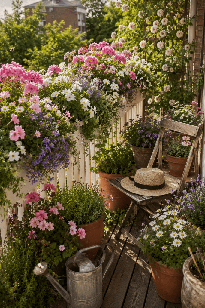 Flower-filled cottage balcony with colorful geraniums, petunias, lavender, terracotta pots, and warm morning sunshine.