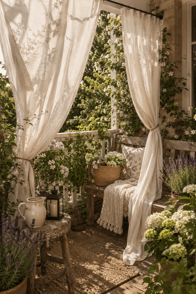 Cottage balcony with flowing linen curtains, weathered teak bench, flowering plants, and warm morning sunlight.
