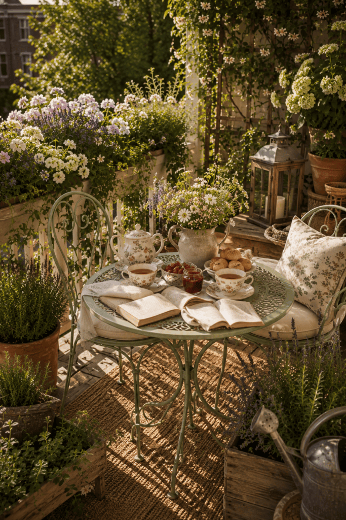 A cozy cottage balcony tea corner with a floral tea set, fresh pastries, blooming flowers, and warm morning sunshine.