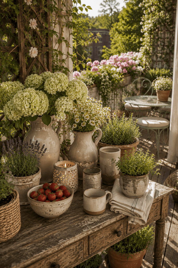 Handmade ceramic pottery, fresh flowers, herbs, and terracotta planters decorating a charming cottage balcony.