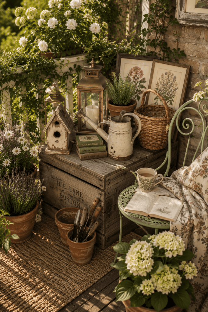 Vintage garden accessories, terracotta pots, botanical prints, and blooming flowers decorating a charming cottage balcony.