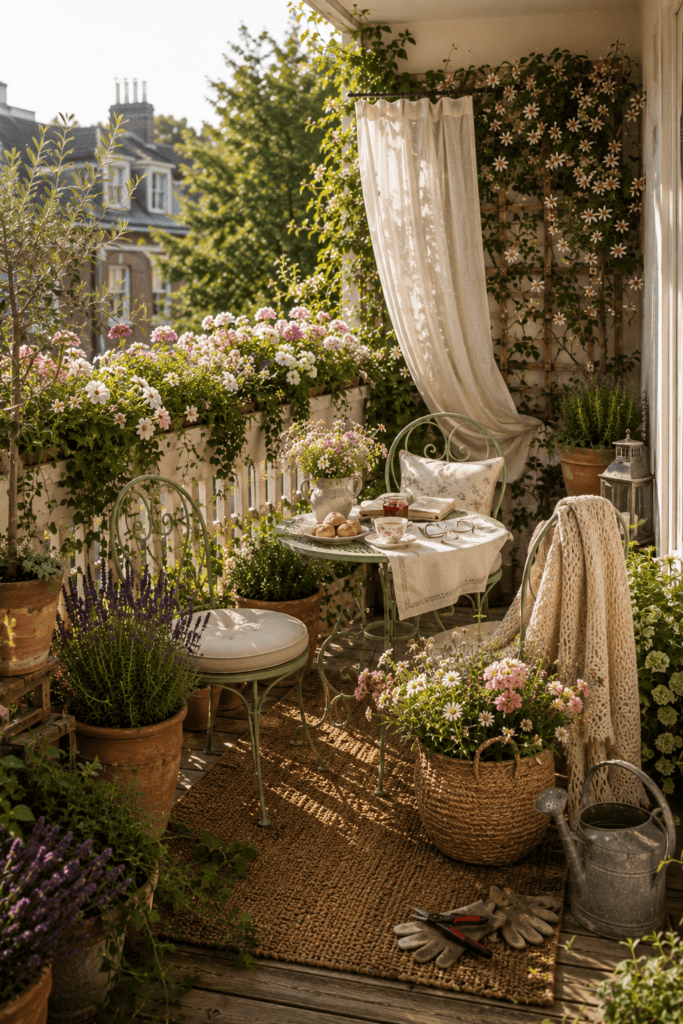A cozy cottage balcony with a flower-filled bistro table, handmade ceramics, blooming plants, and warm morning sunlight creating an inviting everyday retreat.